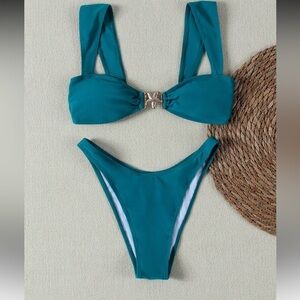 Teal Bandeau Bikini Set with Gold Accent - Women Swim